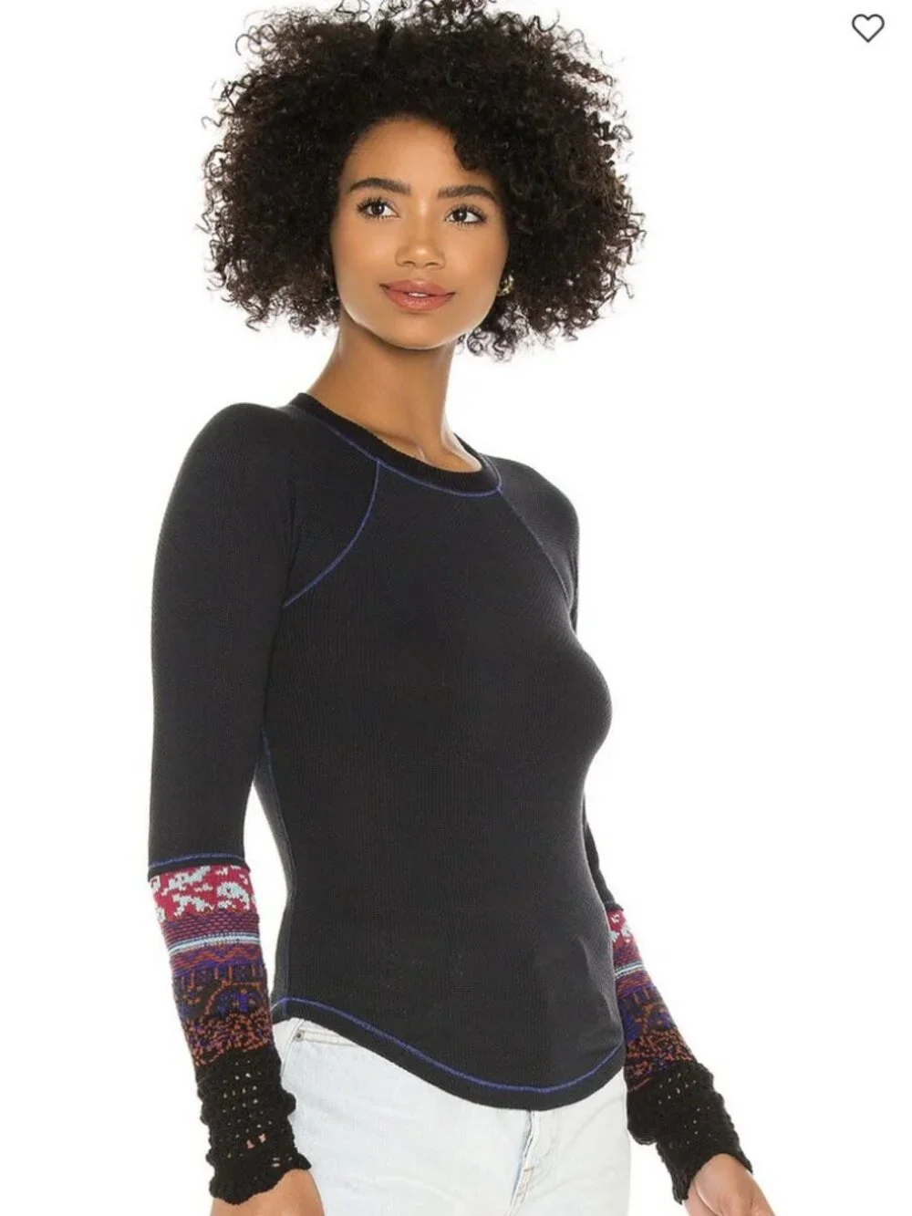 Free People In The Mix Cuff Long Sleeve Thermal Top Dark Blue Color Size Small